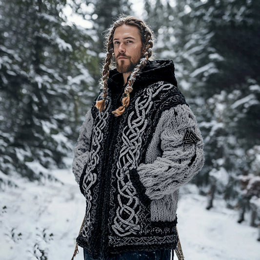 Men's Viking Tribal Jacquard Celtic Chunky Knit Zipper Hooded Cardigan artswardrobe