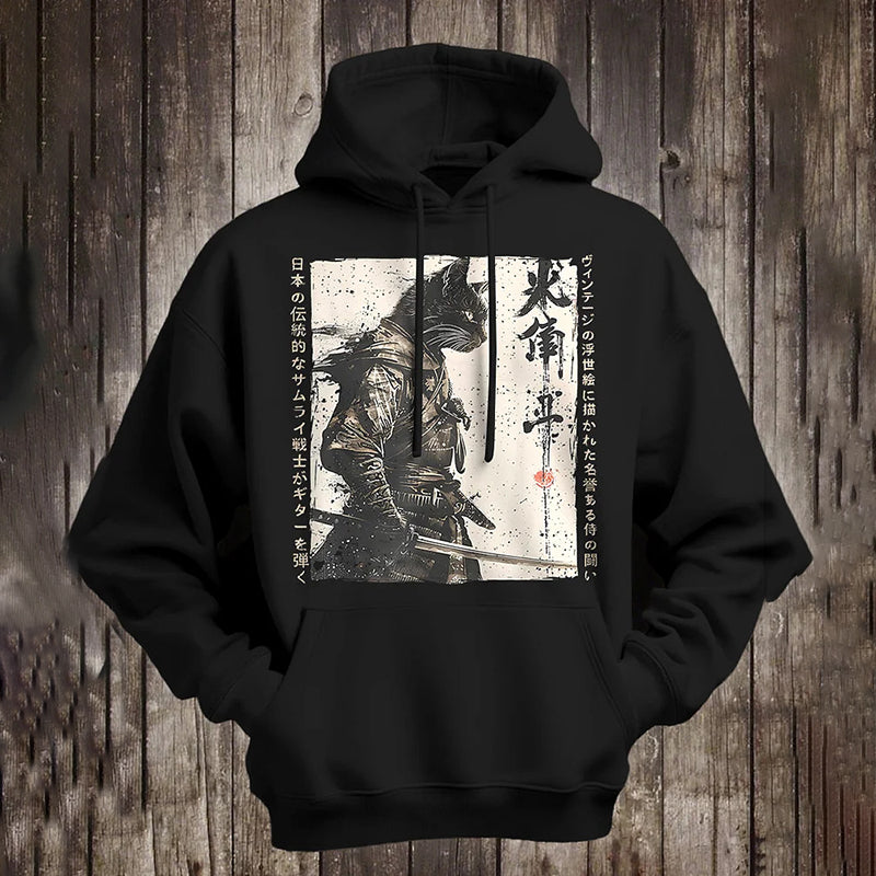 Men's Handsome Japanese Cat Warrior Calligraphy Art Print Pocket Hooded Sweatshirt elevenforest