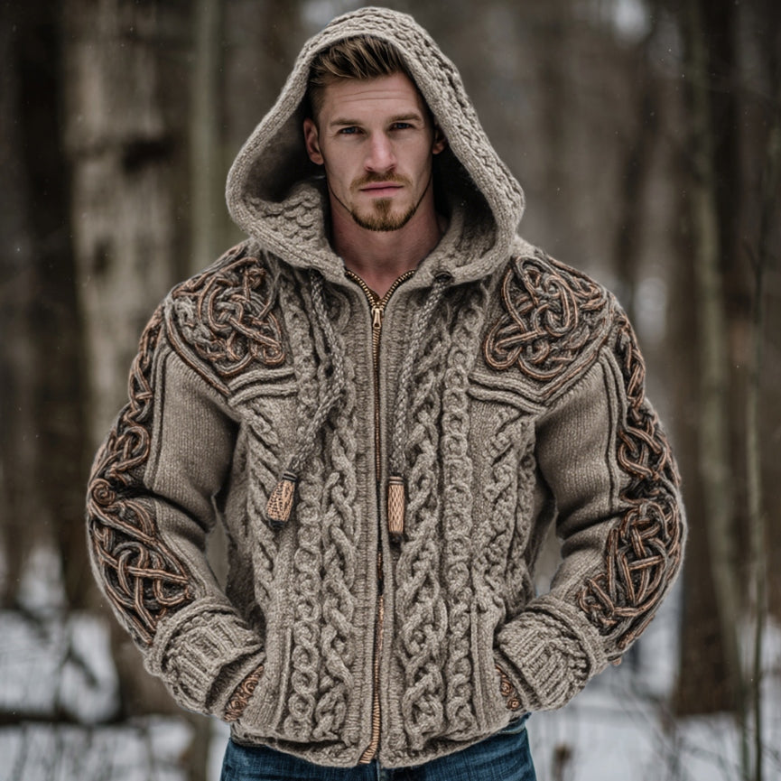 Men's Vintage Viking Celtic Knot Art Chunky Knit Hooded Zip-up Sweater elevenforest