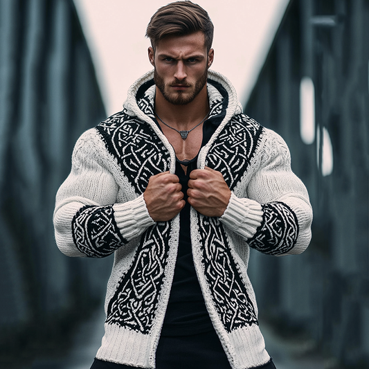 Men's Viking Style Knitted Warm Hooded Cardigan Sweater artswardrobe