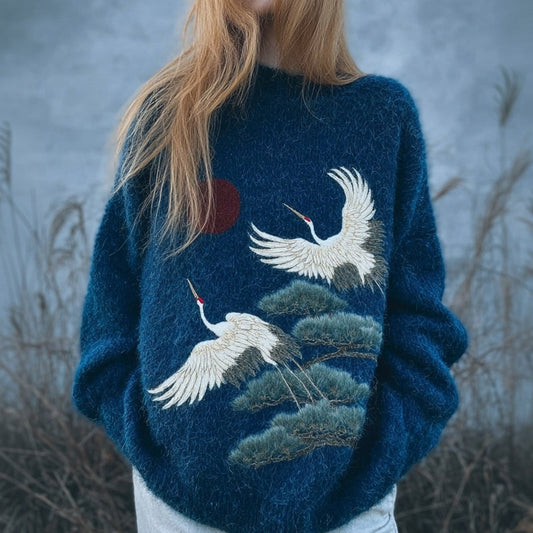 Japanese Cranes & Pine Embroidered Cozy Knit Sweater artswardrobe