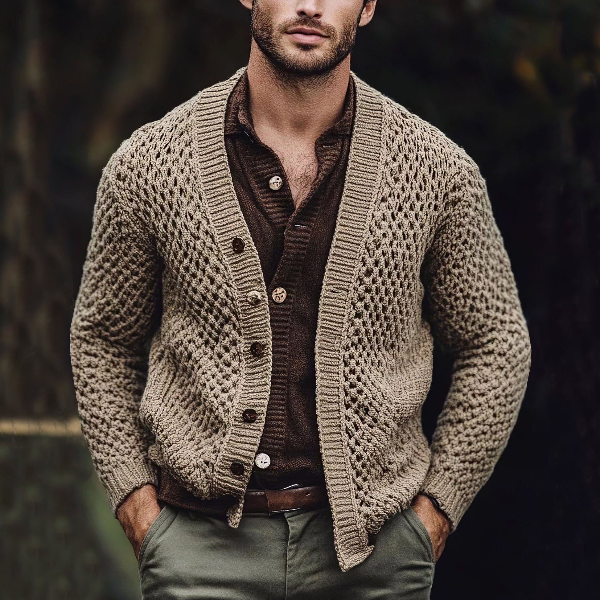 Men's Vintage Chunky Knit Jacquard V-neck Cardigan Sweater artswardrobe