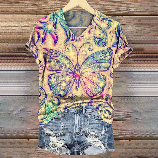 Women's Vintage Butterfly Pattern Art Print V-Neck Casual T-Shirt