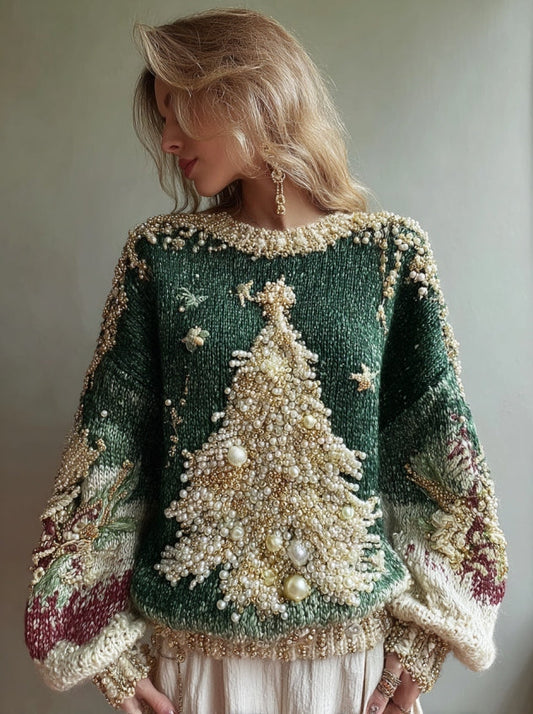 Women's Christmas Tree And Decorations Art Crew Neck Cozy Sweater artswardrobe