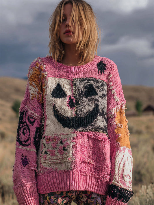 Halloween Pumpkin Face Patchwork Stitched Cozy Knit Sweater artswardrobe