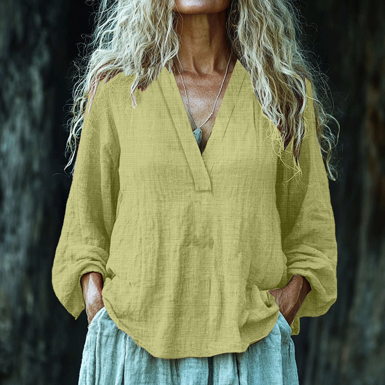 Vintage Elegant Art Linen V Neck Shirt artswardrobe