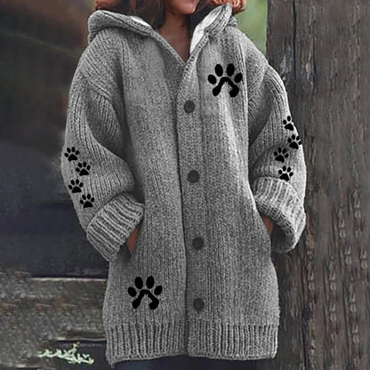Comstylish Cute Paw Print Long Sleeved Knitted Hooded Cardigan