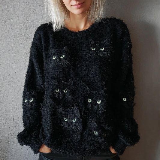 Halloween Black Cat Faces Cozy Fuzzy Sweater artswardrobe