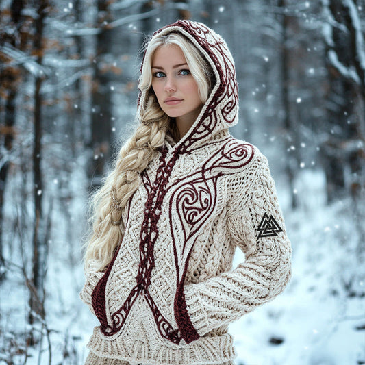 Women's Viking Jacquard Celtic Knitted Hooded Sweater artswardrobe