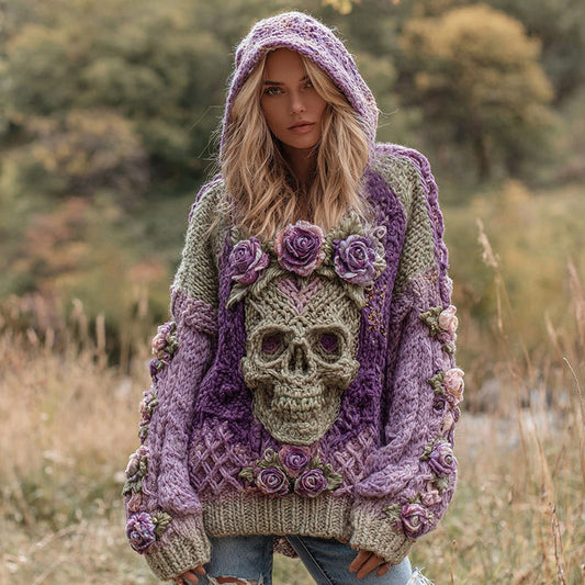 Women's Rose And Skull Inspired Knit Cozy Hooded Sweater artswardrobe