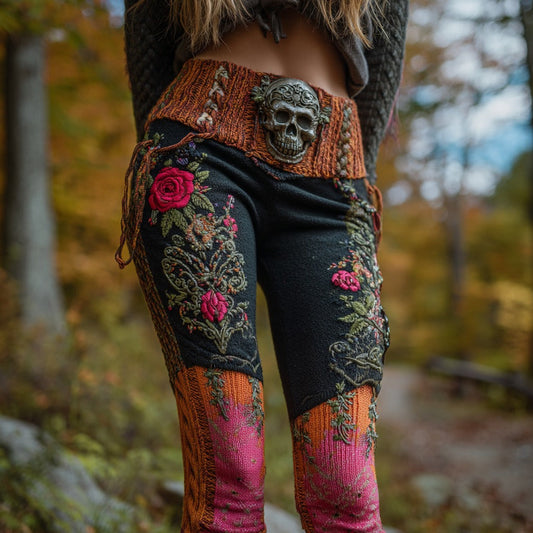 Women's Vintage Sugar Skull And Rose Pattern Comfortable Leggings artswardrobe
