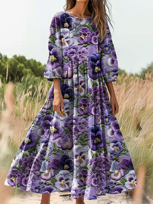 Women's Floral Art Print Flowy Cotton Crew Neck Dress