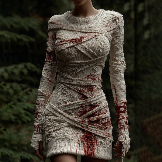 Women's Halloween Bandage Art Cozy Knit Mini Sweater Dress artswardrobe