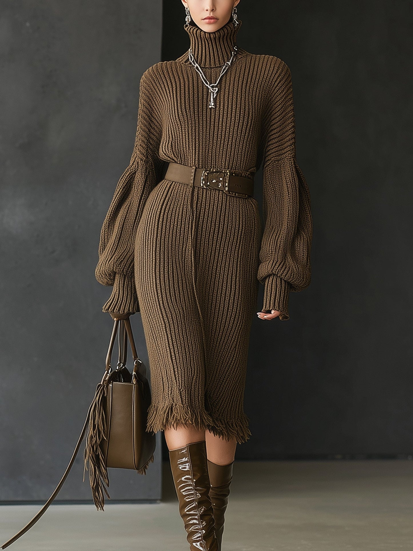 Brown Ribbed Knit Turtleneck Long Sleeve Dress With Belt