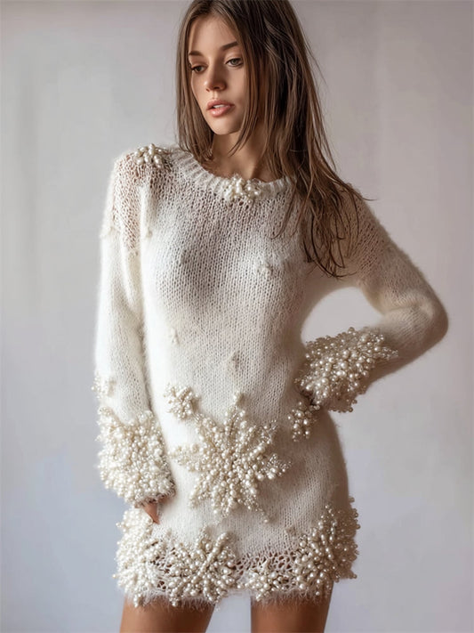 Classy Pearls Snowflakes Cozy Fuzzy Sweater Dress artswardrobe