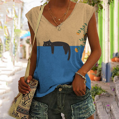 Abstract Creative Lazy Black Cat Art Painting Art Tank Top elevenforest