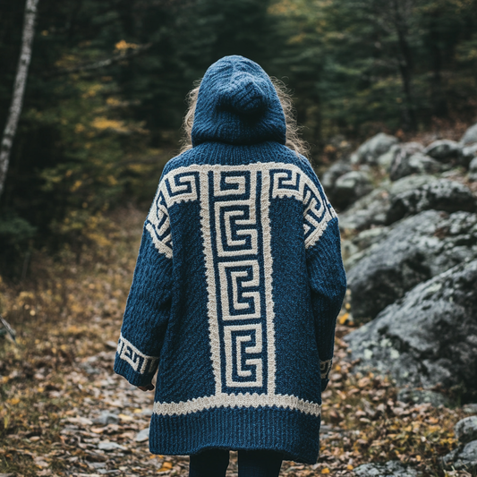 Women's Greek Art Inspired Jacquard Knit Cozy Hooded Cardigan artswardrobe