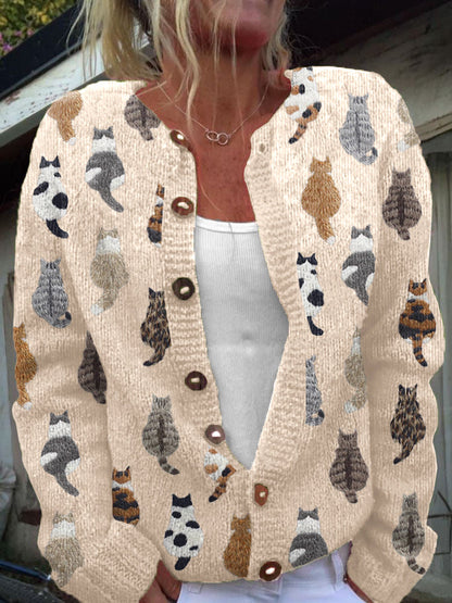Cute Cats Embroidery Pattern Cozy Knit Cardigan elevenforest
