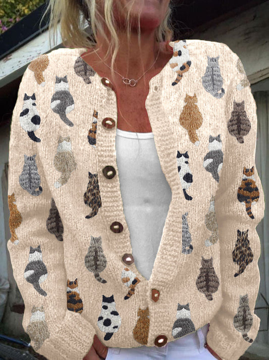 Cute Cats Embroidery Pattern Cozy Knit Cardigan elevenforest