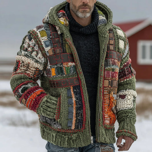 Men's Tribal Geometric Patchwork Knitted Warm Zip-up Hooded Sweater artswardrobe