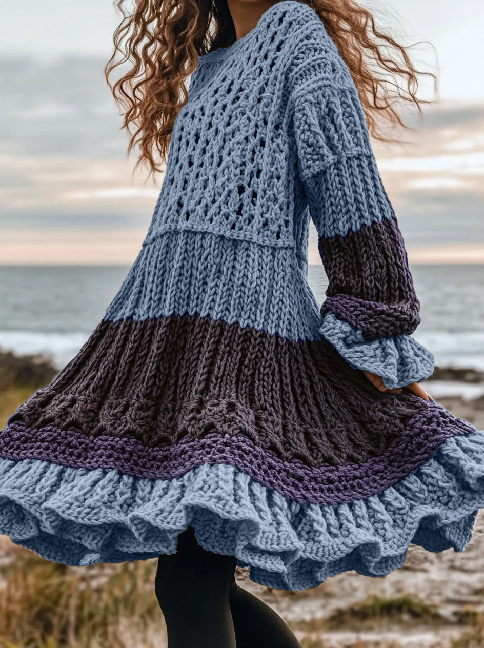 Women's Celtic Knotted Color Block Jacquard Crew Neck Sweater Dress artswardrobe