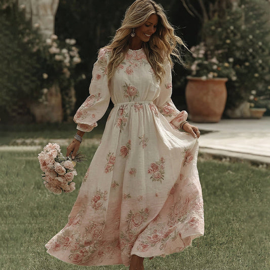 Women's Vintage Pink Rose Art Flowy Maxi Dress