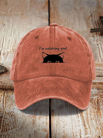 I'm Watching You! Black Cat Print Washed Hat elevenforest