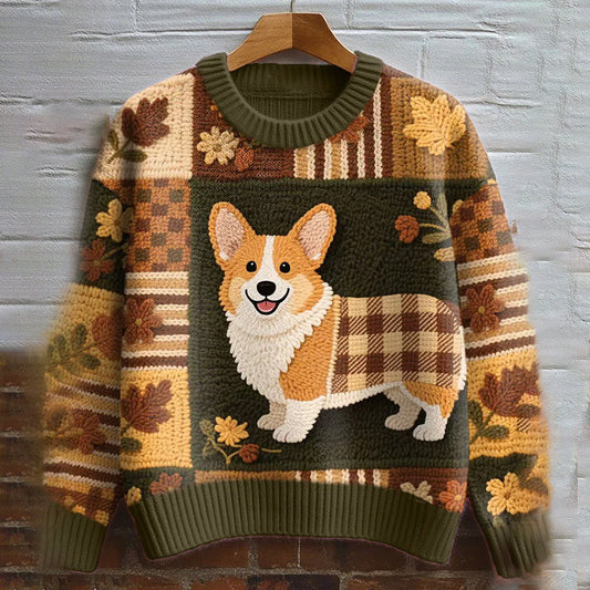 Vintage Corgi Dog With Felt Inspired Embroidered Cozy Knit Sweater artswardrobe