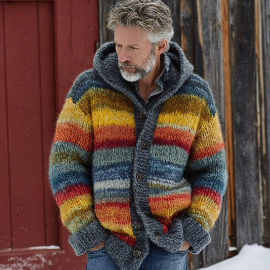 Men's Vintage Rainbow Stripe Knit Jacquard Fairman Island Jacquard Thick Warm Hooded Sweater Cardigan artswardrobe