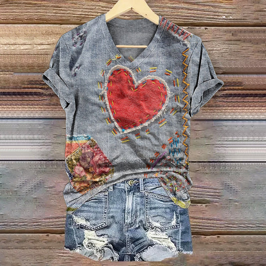 Women's Heart Art Print V-Neck Cotton T-Shirt