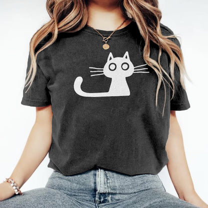 Comstylish Cute Cat Print Crew Neck Vintage Cozy T Shirt