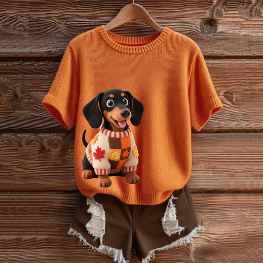 Vintage Dachshund With Felt In Autumn Inspired Embroidered Short Sleeve Cozy Knit Sweater artswardrobe