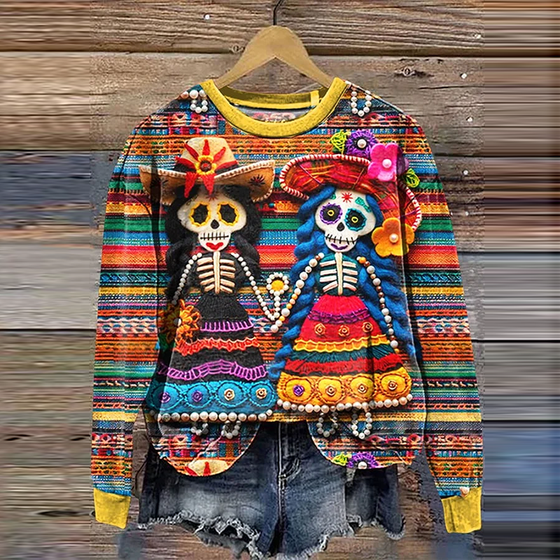 Comstylish Mexican Sugar Skeleton Couple Catrina Day Of The Dead Inspired Art Printed Sweatshirt