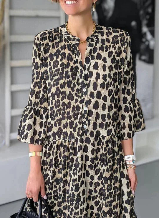 LM | Midi dress with leopard print, button placket and 3/4 sleeves