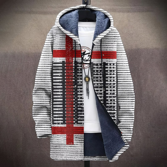 Retro QR Code Stripe Printed Plush Men'S Hooded Jacket artswardrobe