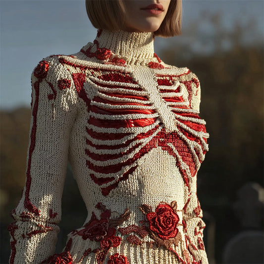 Halloween Skeleton Floral Art Women's Knit Turtleneck Sweater artswardrobe