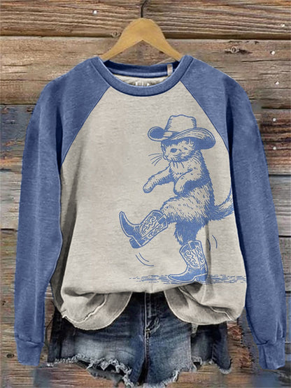 Lovely Cat Cowboy Contrast Color Raglan Sweatshirt elevenforest