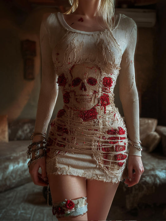 Women's Halloween Skull And Rose Round Neck Mini Skirt artswardrobe