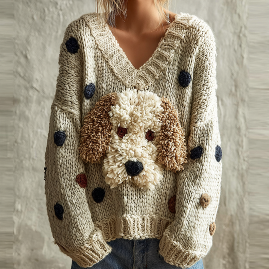 Lady Retro Cute Dog Plush Comfortable Knitted Sweater. artswardrobe