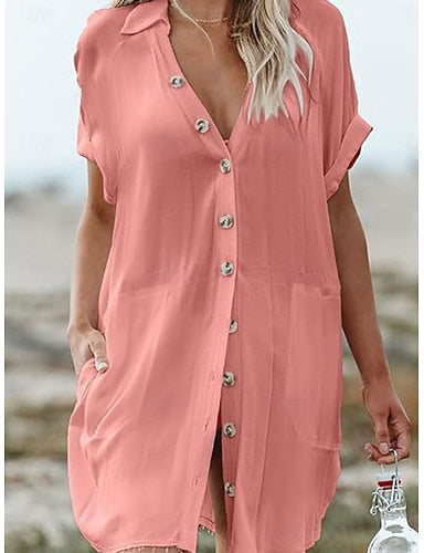 Mini Dress White Dress Beach Dress Black Dress Shirt Dress Classic Daily Outdoor Beach Loose Fit Plain Short Sleeve V Neck Black White Pink Summer Spring