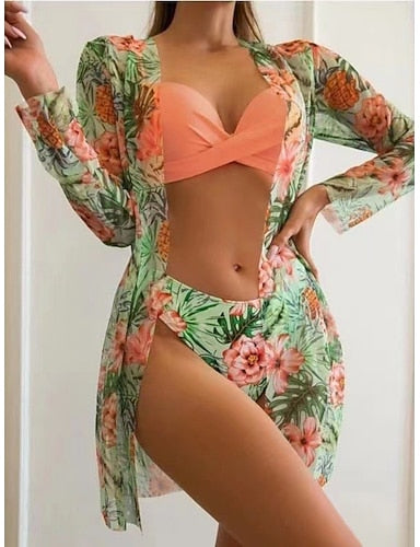 Swimwear Bikini Three Piece Cheeky Swimsuit Slim Backless Vacation Beach Wear Leaves Halter Neck Sleeveless Bathing Suits
