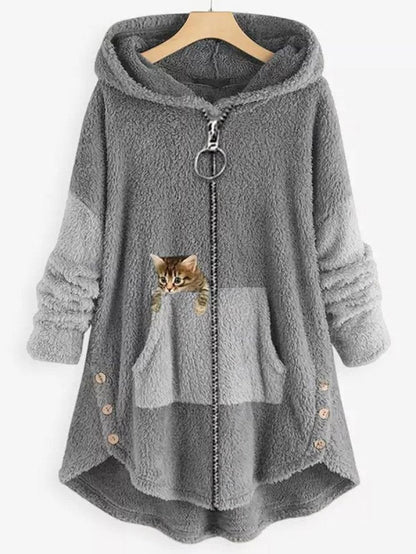 LM | Cozy fleece hooded jacket with adorable cat print