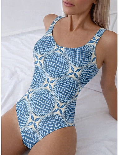 Swimwear One Piece Briefs Swimsuit Beach Wear Summer Graphic Geometic Scoop Neck Sleeveless Bathing Suits