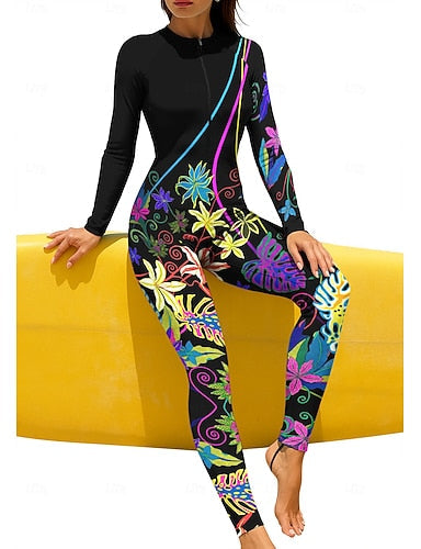 Regular Rash Guard Full Body Rash Guard Bathing Suit Tropical Color-blocking With Built in Bra Front Zip Uv Sun Protection Upf50+ Stretchy Full Body Swimwear Surfing Canoeing Beach
