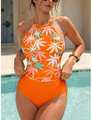 Swimwear Tankini 2 Piece Cheeky Swimsuit Drawstring Vacation Beach Wear Graphic Halter Neck Sleeveless Bathing Suits