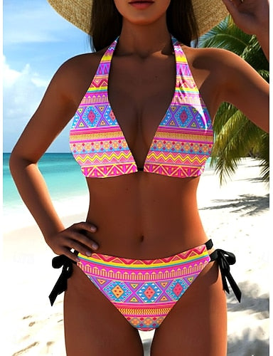 Bikini 2 Piece Swimsuit Cheeky Slim Backless Vacation Geometric V Neck Sleeveless Bathing Suits