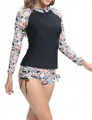 Rash Guard Print Swimsuit Bathing Suit Tropical Zip Up Ruched Side Ultra Light (ul) Uv Protection Elastic Long Sleeve Swimwear Surfing Snorkeling Spring