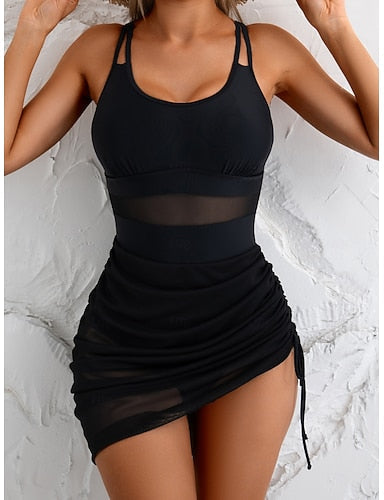 One Piece Swimsuit Slimming Ruched Cutout With Skirt Monokini Tummy Control High Waist Slim Backless Vacation Beach Wear Color U Neck Sleeveless Bathing Suits