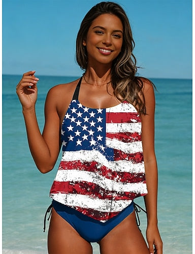 Independence Day Patriotic Patriot Veteran Swimsuit Tankini 2 Piece Cheeky Swimsuit Backless Vacation Beach Wear Flag U Neck Sleeveless Bathing Suits