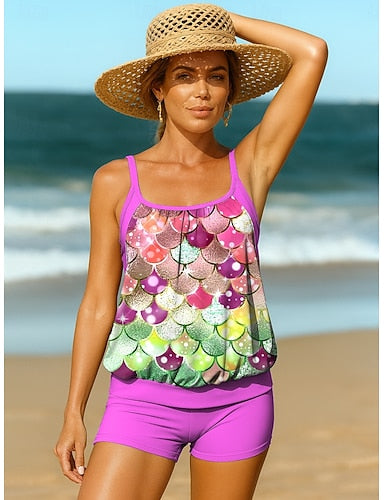 Tankini 2 Piece Swimsuit Briefs Active Vacation Ombre Graphic U Neck Sleeveless Bathing Suits